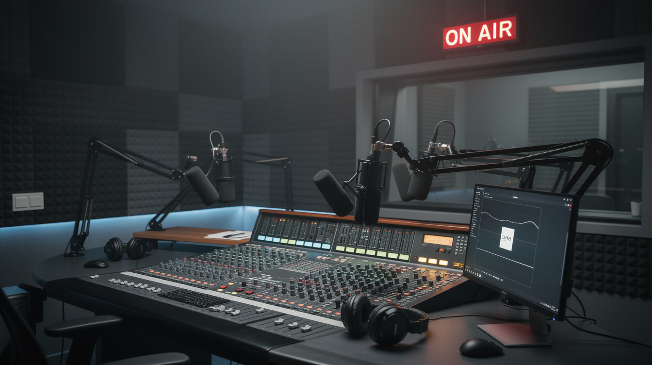 Interior of a modern soundproofed radio studio