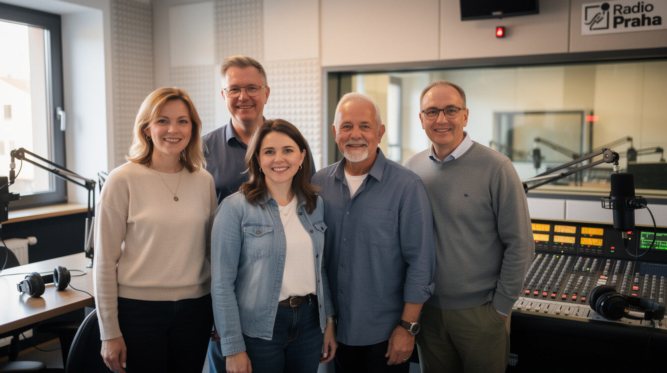 Diverse team of media professionals standing together in a studio
