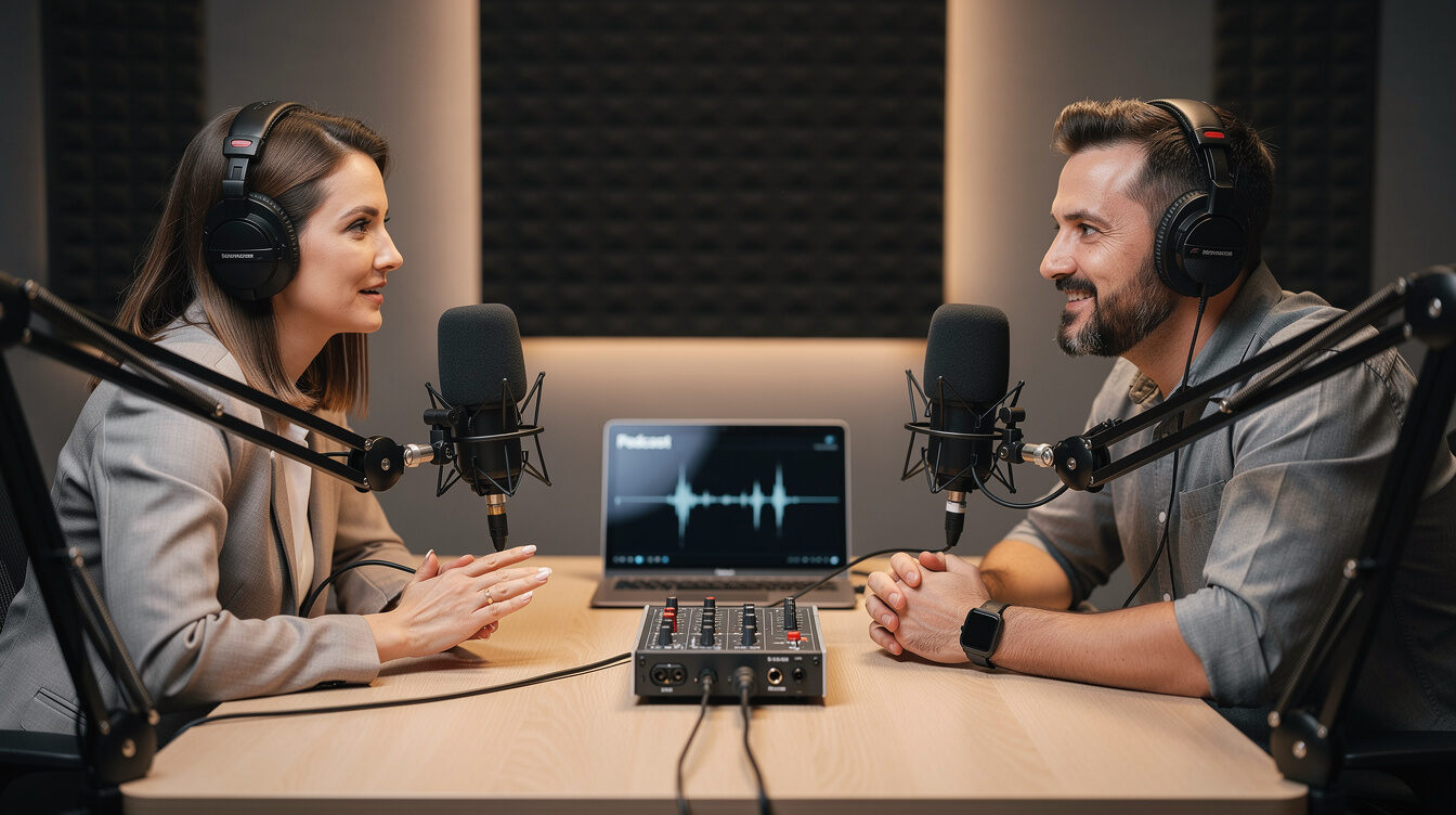 Two people recording a podcast interview in a studio
