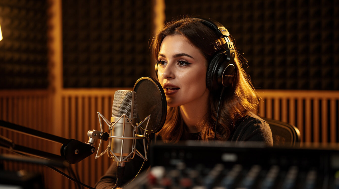 Radio host speaking into a microphone in a broadcasting studio