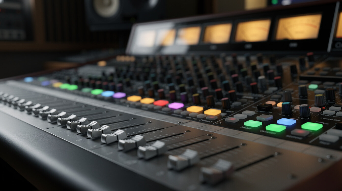 Close-up of an audio mixing console with faders and knobs